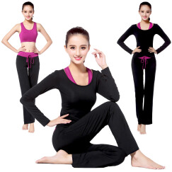 范迪慕  瑜伽服女春夏季莫代尔长袖修身健身服三件套舞蹈服 黑配紫红色-长袖三件套 M