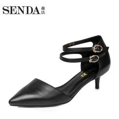 Senda/森达夏季纯色时尚优雅细跟女猫跟鞋17287BK7 黑色 38