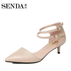 Senda/森达夏季纯色时尚优雅细跟女猫跟鞋17287BK7 杏色 37