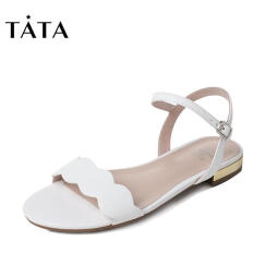 Tata/他她夏季羊皮时尚简约女皮凉鞋2H139BL7纯色方跟凉鞋 白色 37