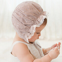 颖贝尔（Yinbeler）宝宝棉质包头帽蕾丝镂空新生儿软边公主女婴系带薄春夏秋 星星咖啡（帽围40cm）