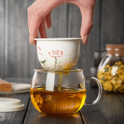 美斯尼 玻璃茶杯茶水分离水杯陶瓷过滤内胆办公室茶杯茶具高硼硅泡茶杯 绿荷（300毫升）