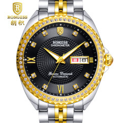 朗积（RONGISS） 黄金色手表商务情侣金表男士防水自动机械表瑞士女士纯金色腕表 单钻间黑机械表-男款