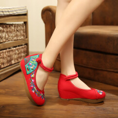 娟的绢 老北京布鞋 民族风绣花鞋坡跟内增高防滑女款单鞋 A108-4 红色 35