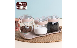 金熊 调料罐调味罐调料盒三组300ML*3个 带置物架杏色JC300