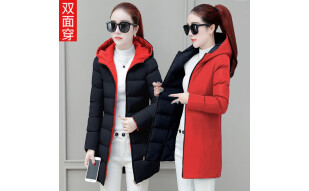 谷季狐棉服女中长款2020韩版新款修身码女装双面穿连帽加厚女士棉衣面包服外套女 黑色 L（90-105斤）