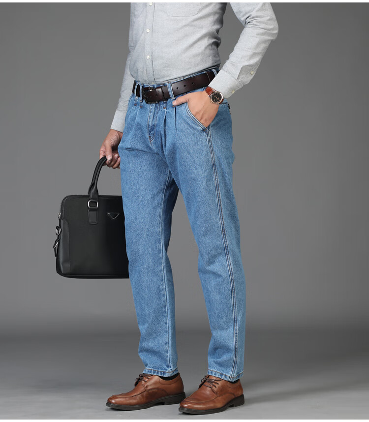 aemape男士牛仔裤锥形萝卜裤男裤中老年老板裤宽松高腰深裆双褶中年