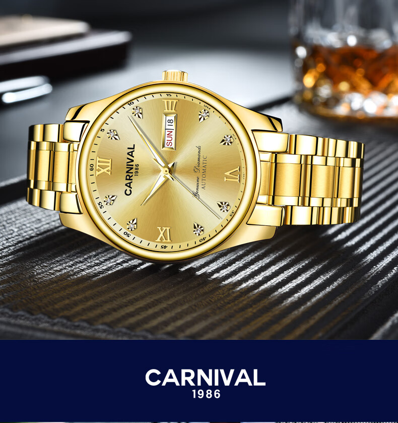 嘉年华carnival男士手表全自动机械表男表夜光防水镂空双日历时尚腕表