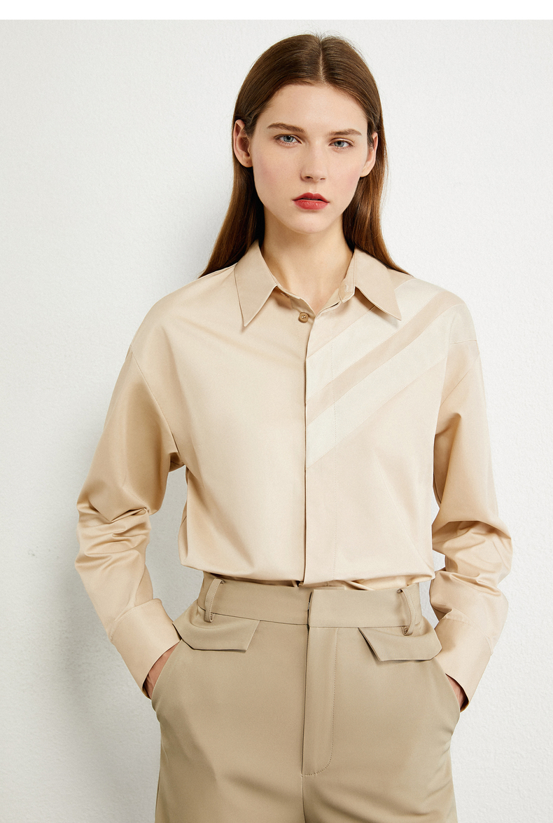 amii极简潮chic拼接条纹衬衫女秋新款翻领暗门襟落肩袖上衣棉浅卡其