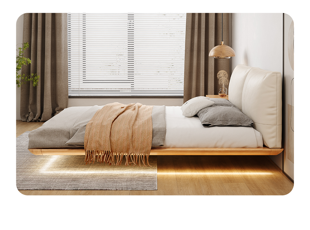 5小户型主卧双人床北欧简约原木风 悬浮床【无灯】