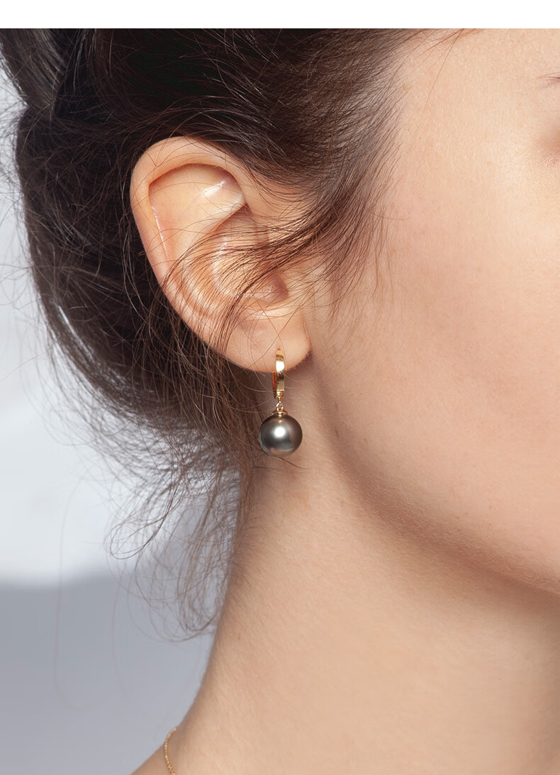 helas赫拉奥秘大溪地黑珍珠耳环910mm大珠近圆微瑕18k金耳饰x0a大溪地