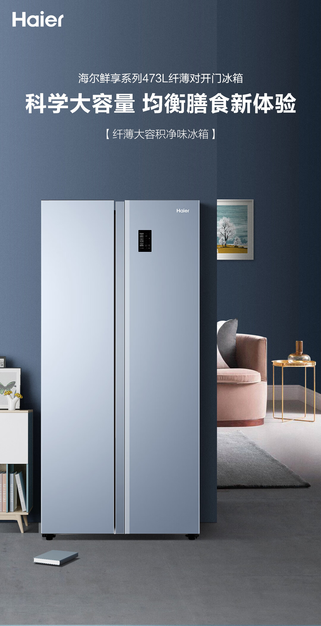 haier海尔冰箱冷柜套装473升云灰蓝风冷无霜对开门冰箱203升减霜卧式