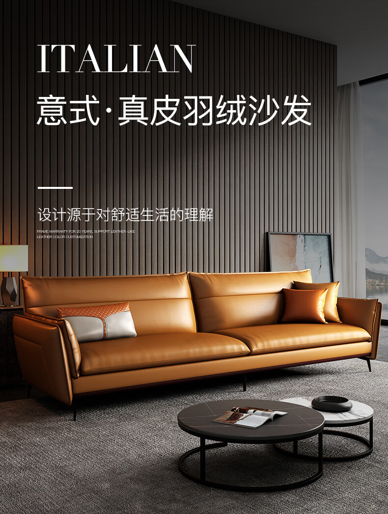善威真皮沙发羽绒沙发意式极简北欧现代中小户型客厅家具橙色s1107