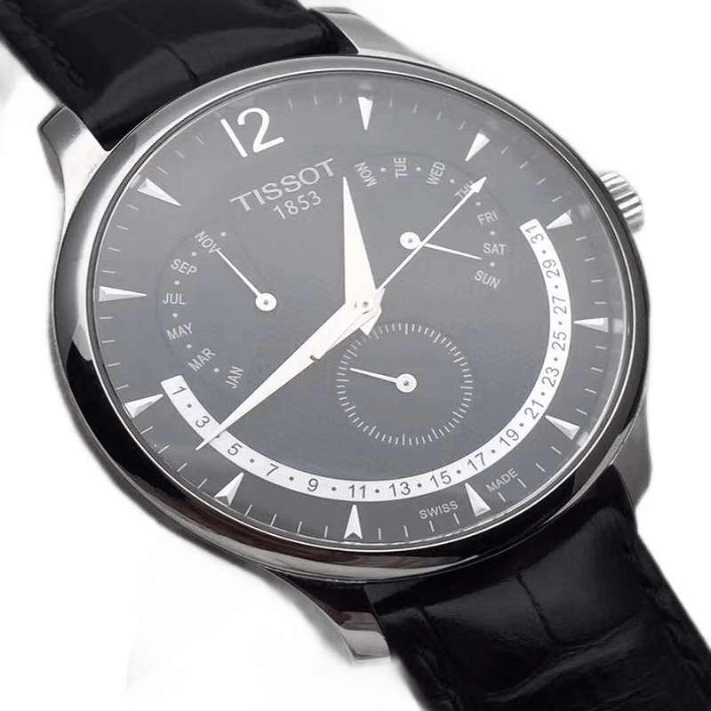 二手95新天梭tissot手表俊雅系列万年历男表石英表t0636371603700t