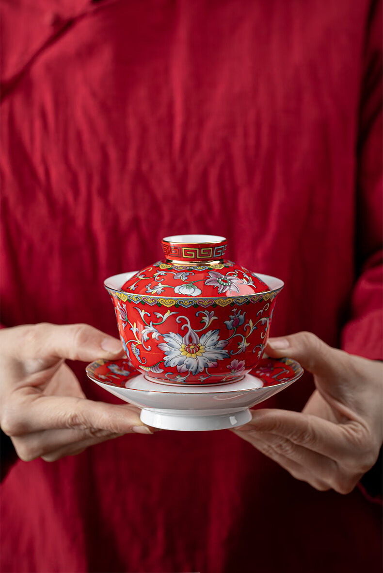 聚御瓷 结婚敬茶杯及托盘 结婚敬茶碗托盘 红双喜结婚敬茶对杯 结婚