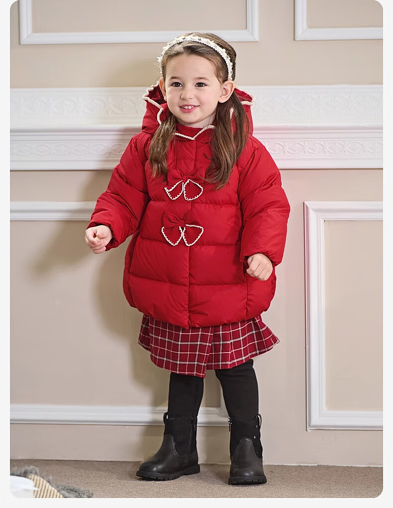 DAVE & BELLA Girls' Down Jacket Winter Waterproof Thickened Coat Baby New Year Red Clothing 7
