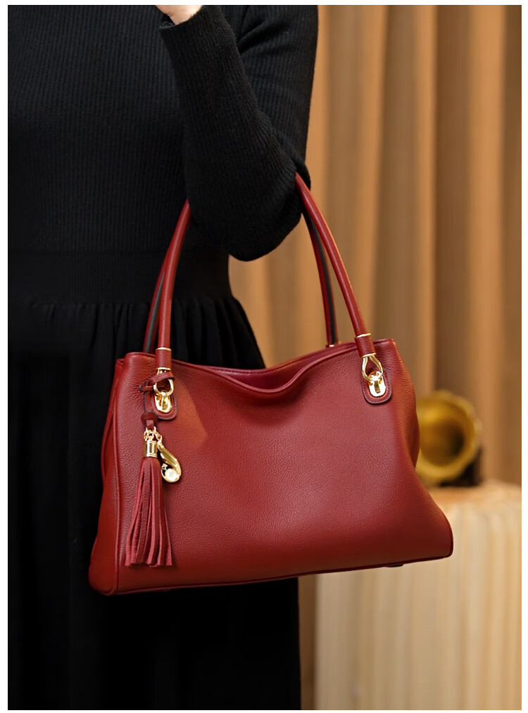 Geshiman Women's Commuter Large Capacity Luxury Genuine First Layer Cowhide Mom Tote Bag Birthday Gift 7280 Dark Red 3