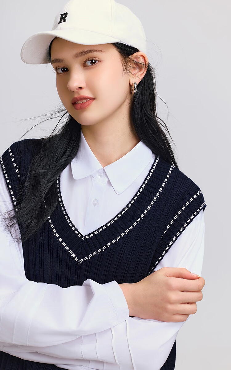Semir [Mall Matching Style], Women's Long-Sleeve Shirt, V-Neck Vest, Spring 2025, Loose-Fitting Two-Piece Set, 101125105011 2