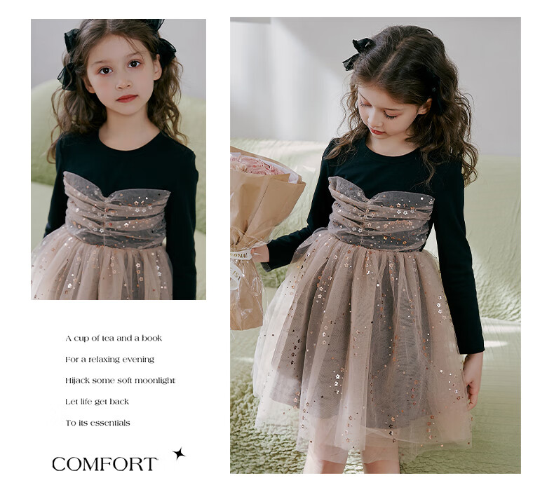 Fulomi Girls' Dress Spring Autumn Sweet Sequin Mesh Princess Dress Puff Knit Dress Black 140 5