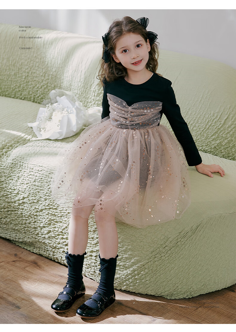 Fulomi Girls' Dress Spring Autumn Sweet Sequin Mesh Princess Dress Puff Knit Dress Black 140 6