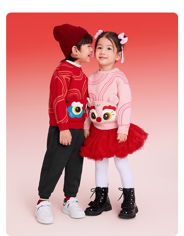 BALABALA 【balaOne】 Kids Sweater Girls Knitwear 2025 Winter Faux Two-Piece Jacquard Knit New Year Outfit 1
