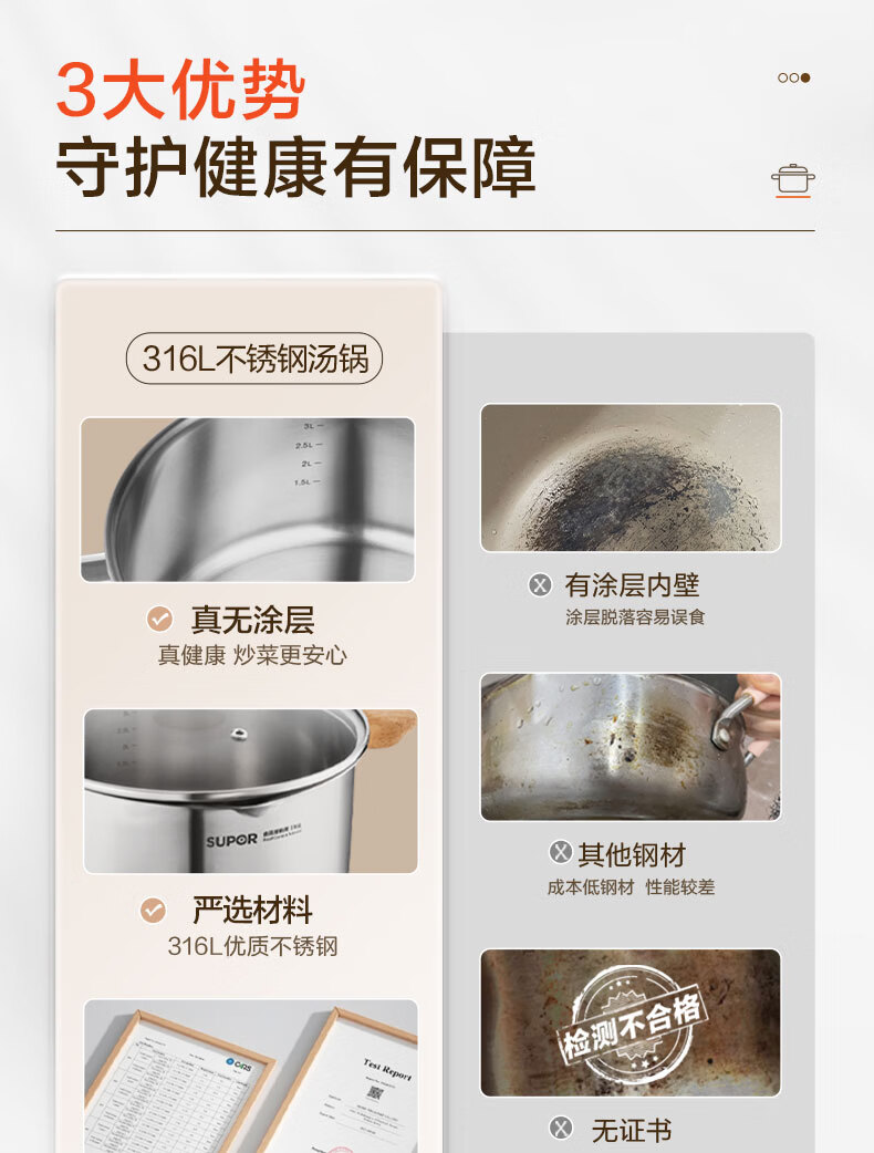 Supor 20cm Light Enjoy 316L Stainless Steel Soup Pot for Noodles and Porridge Compatible with Gas Stove and Induction Cooker 1