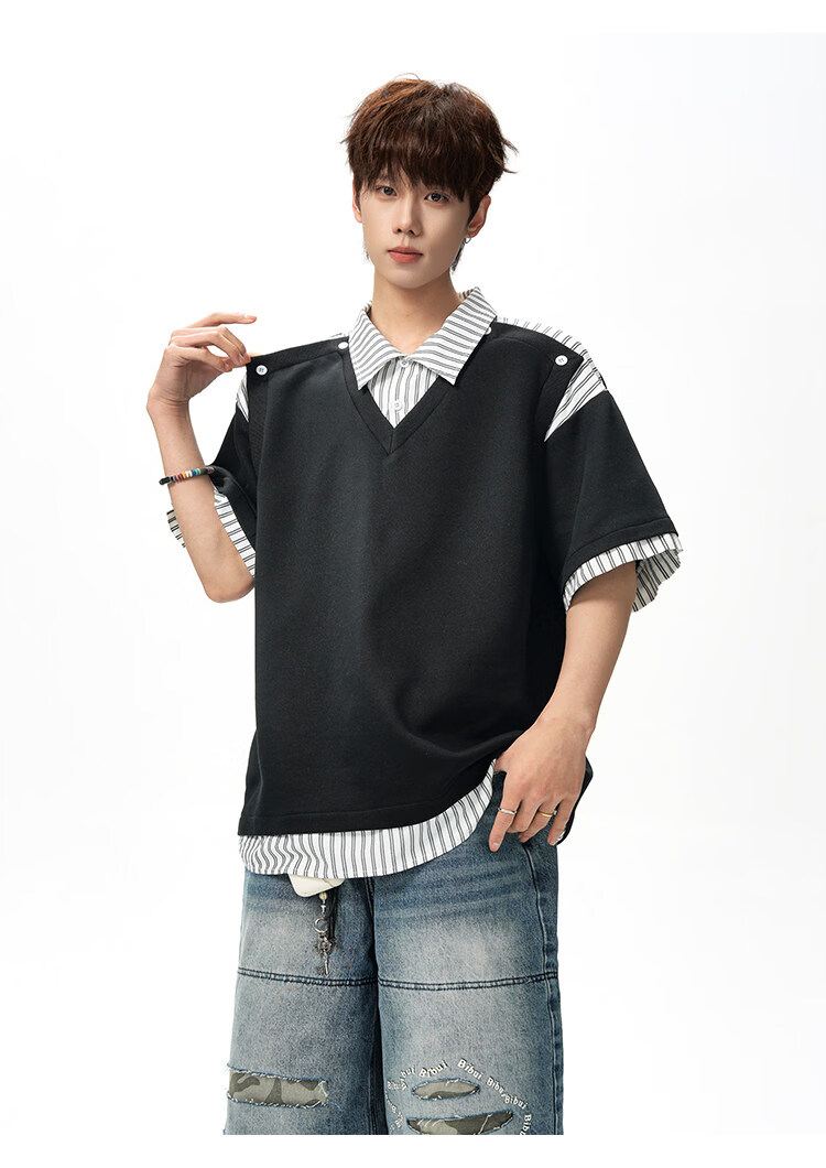 Foss Phil Men's Summer Loose Fit Short Sleeve Polo Shirt Fake Two-Piece Shirt Collar T-Shirt DT6238 Light Gray 3XL 14