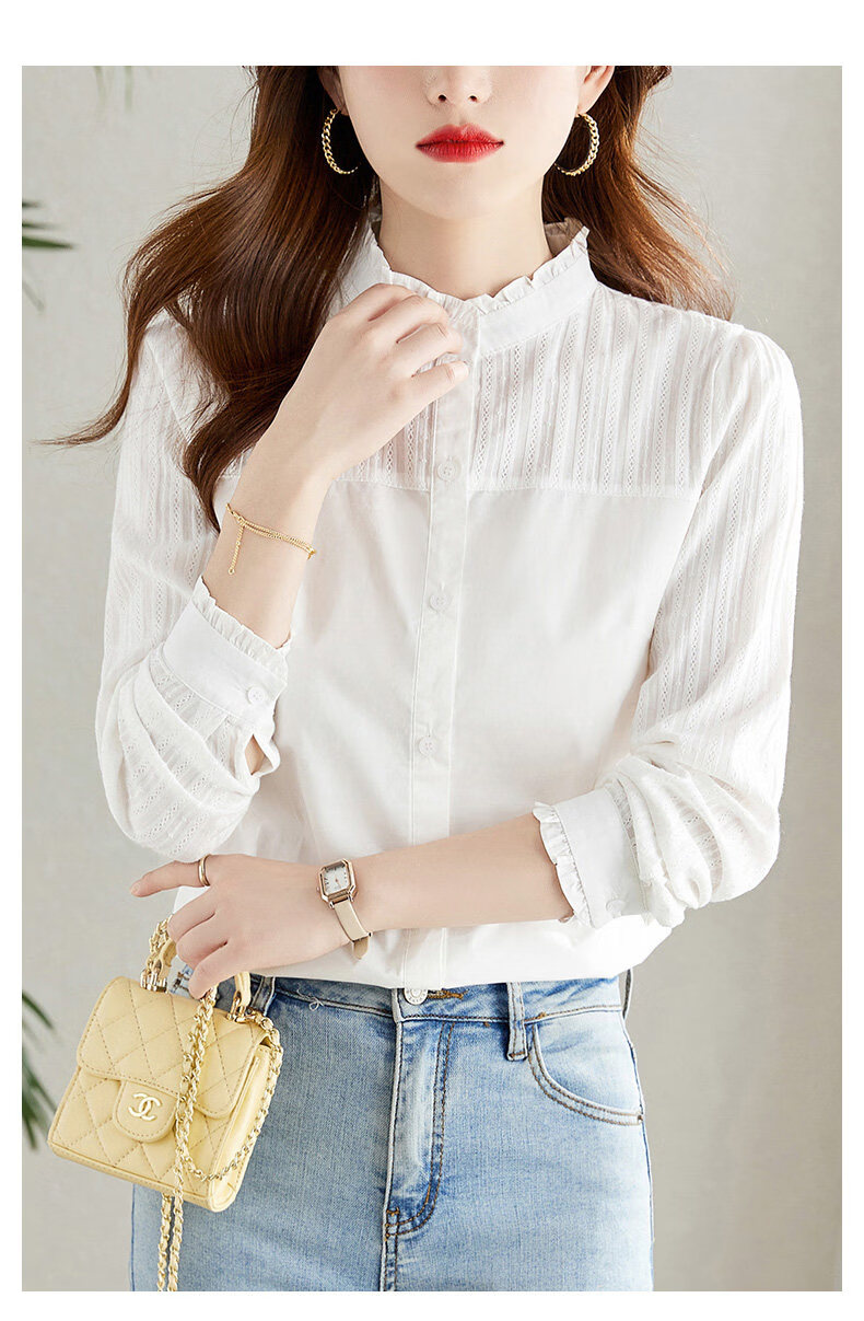 AOTUN Women's Long Sleeve Cotton Slim Fit Shirt with Wood Ear Collar KFG2237 White XL 9
