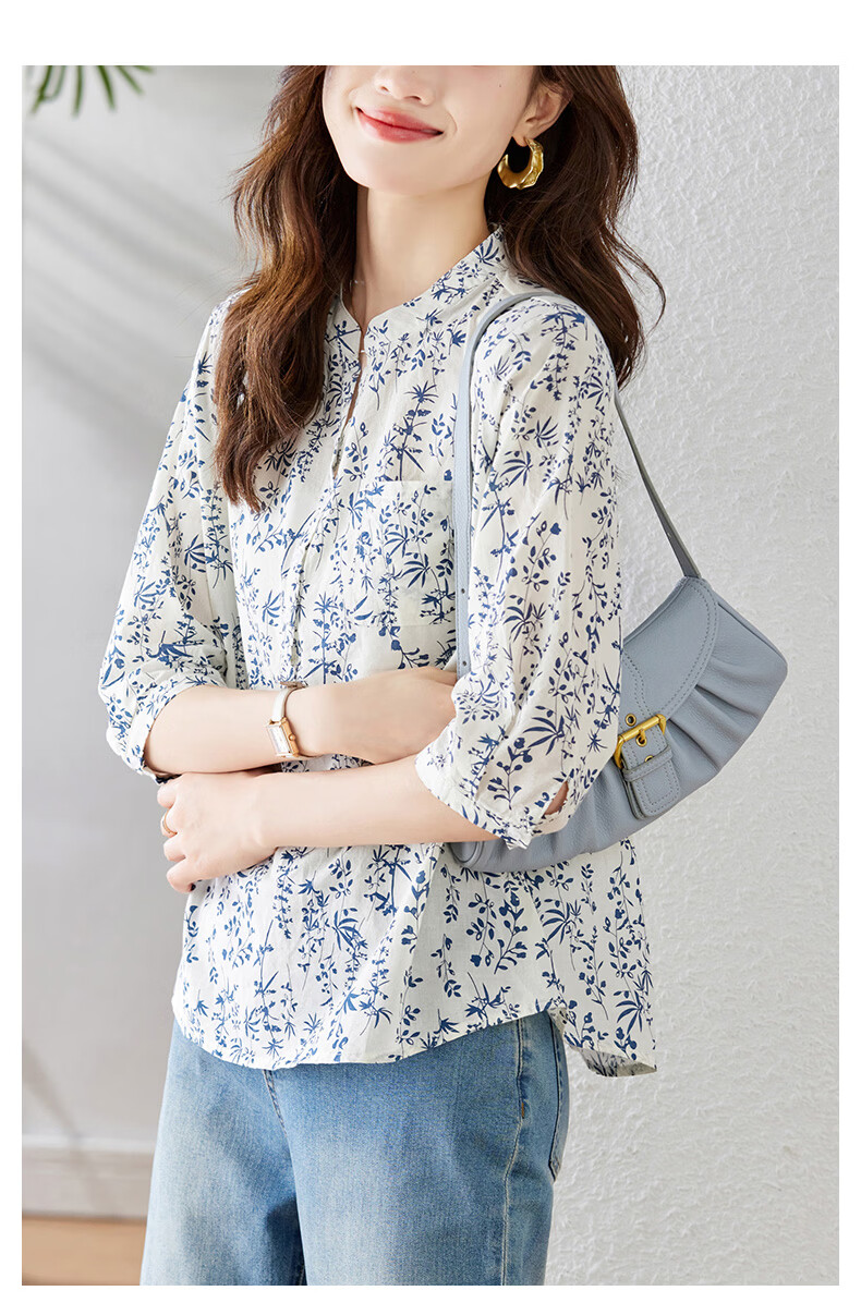 AOTUN Blue and White Porcelain Small Floral Print Women's Spring 3/4 Sleeve Cotton Shirt 35026 Blue and White Porcelain L 10