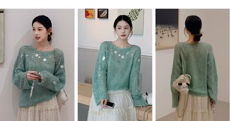 MT Spring Elegant Sequin Hollow Knit Sweater with Wool Blend for Women 6