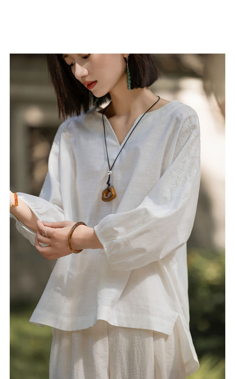 Demana Linen Cotton Blend Spring Elegant Embroidered Shirt 3/4 Sleeve High-Low Hem Petite Women's Blouse 4