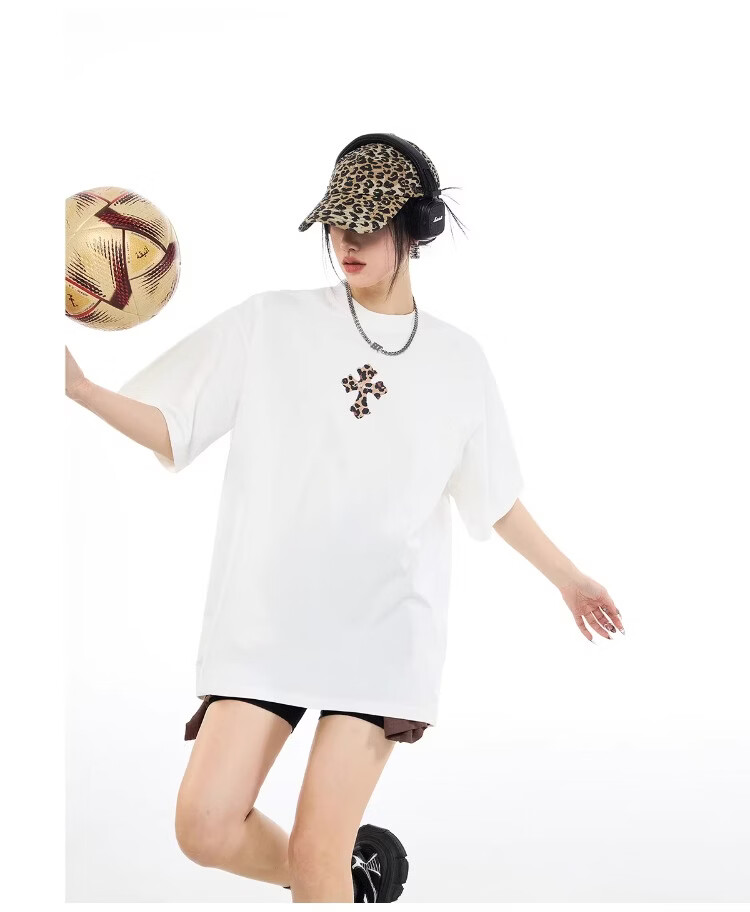 ICH MODE Leopard Print Cross Vintage Short Sleeve T-Shirt Women 2026 New Summer Round Neck Loose Sports Top Black S 12
