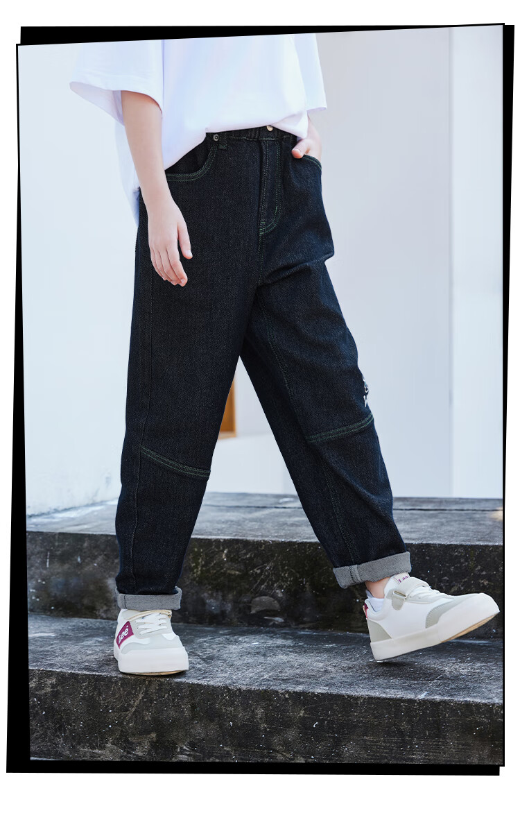 Lee Kids Children's Fashion Retro Contrasting Line Print Stretch Jeans Long Pants, Navy Blue, Size 110 5