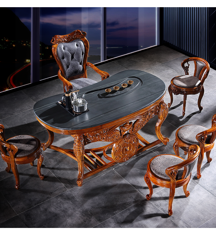 莎仕比娅欧式乌金木功夫茶桌实木中式茶台几豪华雕花