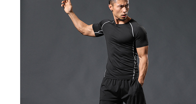 运动短袖男t恤跑步健身训练透气速干紧身运动上衣健身服黑色拼线单件