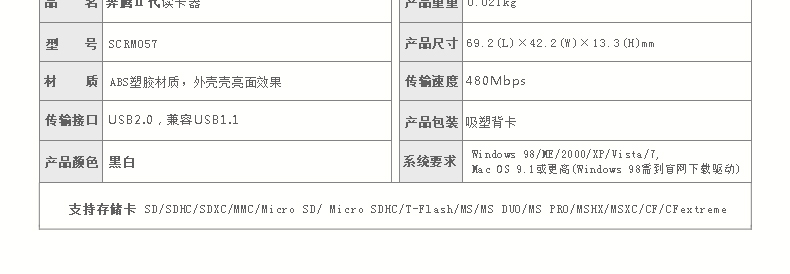 SSK飚王 SCRM057奔腾2代多合一功能读卡器 支持TF\SD\CF\MS等手机相机卡