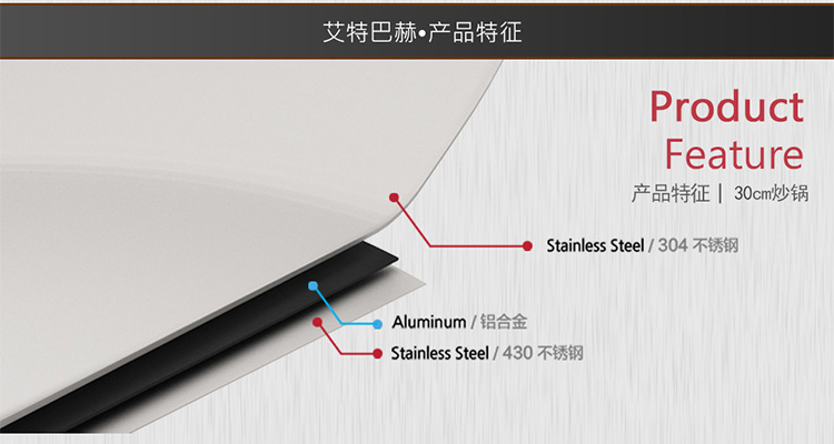 艾特巴赫 (ALTENBACH) 德国工艺轻便少油少烟三层不锈钢30CM不粘炒锅含盖电磁炉煤气通用B-CKG-30