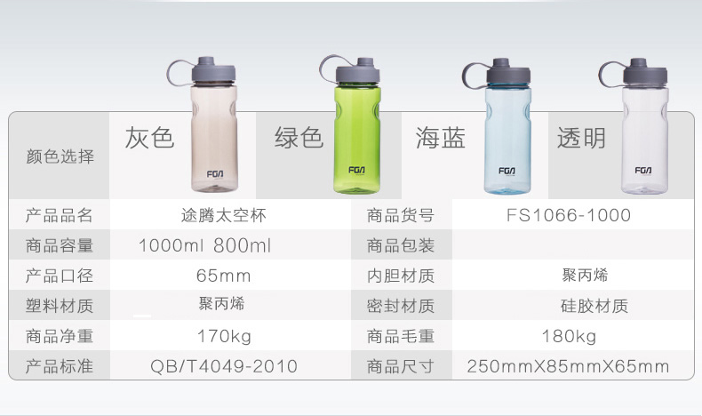 
                                        富光太空杯 户外运动水杯 夏季大容量FS1066水壶塑料茶隔杯子便携 1000ML绿色                