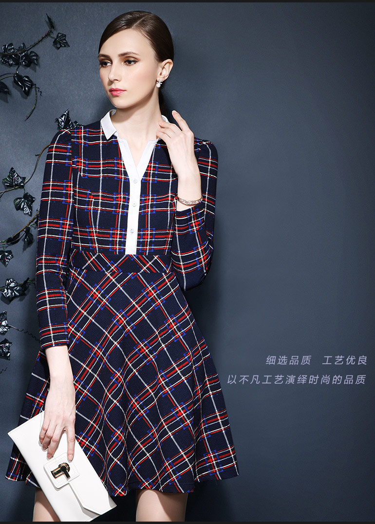 
                                        婉睿女装春装新款时尚立领格子显瘦气质长袖A字裙针织连衣裙淑女款 黑格 XL                