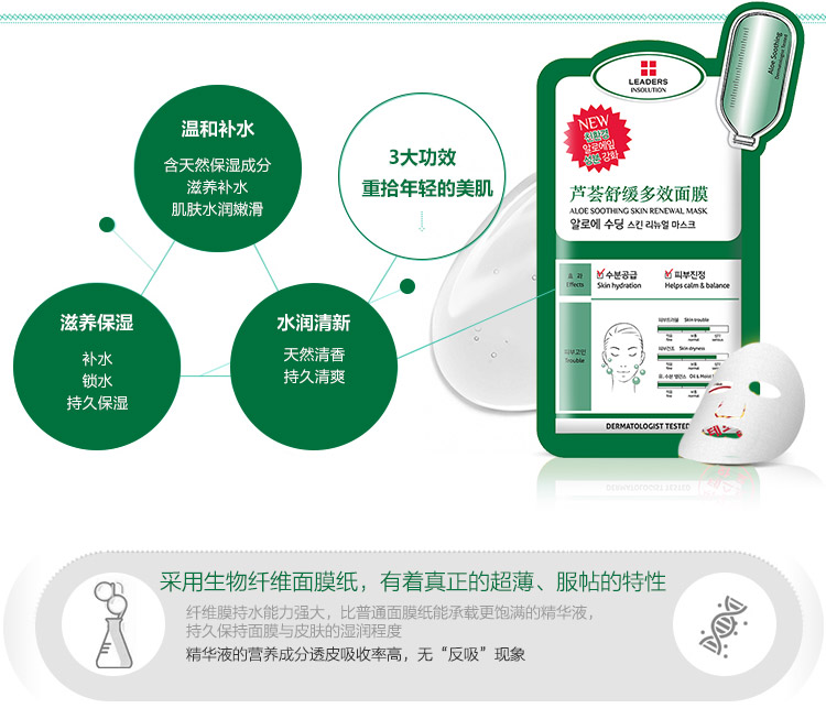 
                                        丽得姿（LEADERS）领先润美芦荟舒缓多效面膜25ml*10片/盒(保湿补水 睡眠 亮肤 护肤品 男女士）                