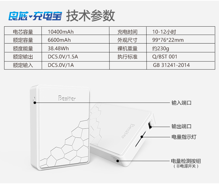
                                        
                                                            倍斯特（Besiter）10000毫安 移动电源/充电宝 智能便轻小巧 双USB输出 带电量显示 苹果/安卓通用 0137DA                