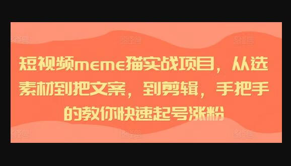 短视频meme猫实战项目，从选素材到把文案，到剪辑，手把手的教你快速起号涨粉-狗凯之家源码网-网站游戏源码-黑科技工具分享！