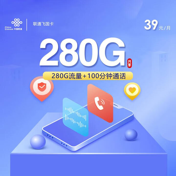 4年优惠|联通飞国卡39元包280G全国通用流量+100分钟通话+4年视频会员【仅限18-28周岁用户办理】