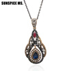 Ethnic Turkish Women Vintage Flower Necklaces Antique Gold Color Water Drop Pendant Red Resin Thin Chain Indian Wedding Jewelry