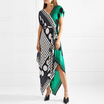 Patchwork Print Dress Female V Neck Short Sleeve Belt High Waist Irregular Long Holiday Dresses Summer Elegant New