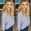 Duopindun Ladies Women Casual Cotton Long Sleeve Striped Blouse V Neck T Shirt Tops duopindun kopen in de aanbieding