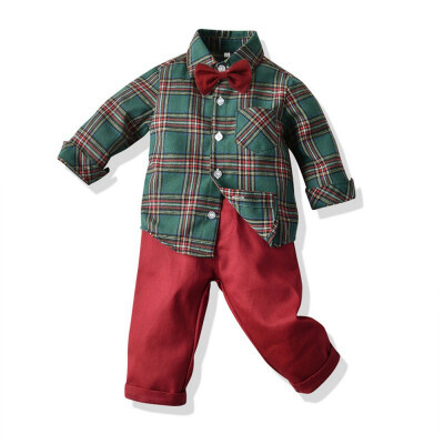 

2pcs Baby Boys Gentleman Clothes Suits Toddler Cotton Long Sleeve Bowtie Striped ShirtOveralls Pants Infant Outfits