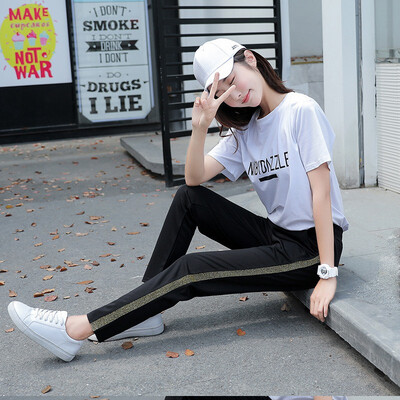 

Women Side Striped Casual Pants Drawstring Loose Trousers Women Casual High Waist Black Pants Pantalon Femme New Fashion