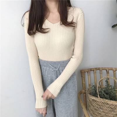 

Tailored Women V-Neck Solid Long Sleeve Solid Knitt Sweater Pullover Top