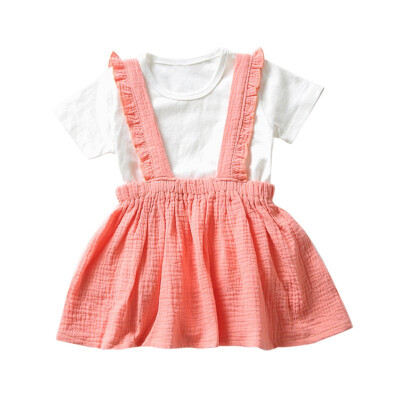 

Summer Baby Girl Clothes Set Short Sleeve Solid Pattern Cotton T-shirt Blouse Mini Strap Skirts Casual Outfits Set